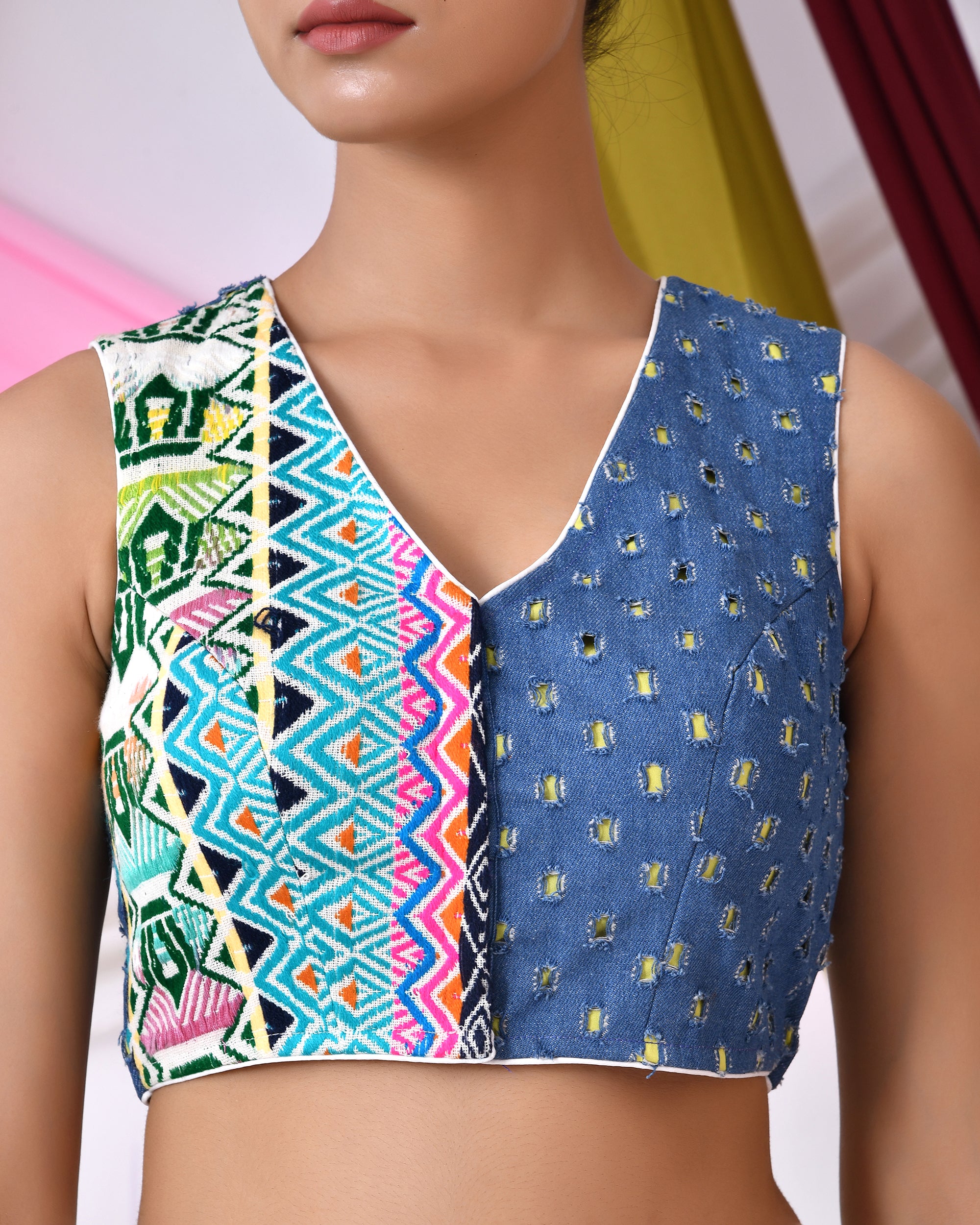 Denim Jacquard Sleeveless Padded Blouse with Vibrant Patterns